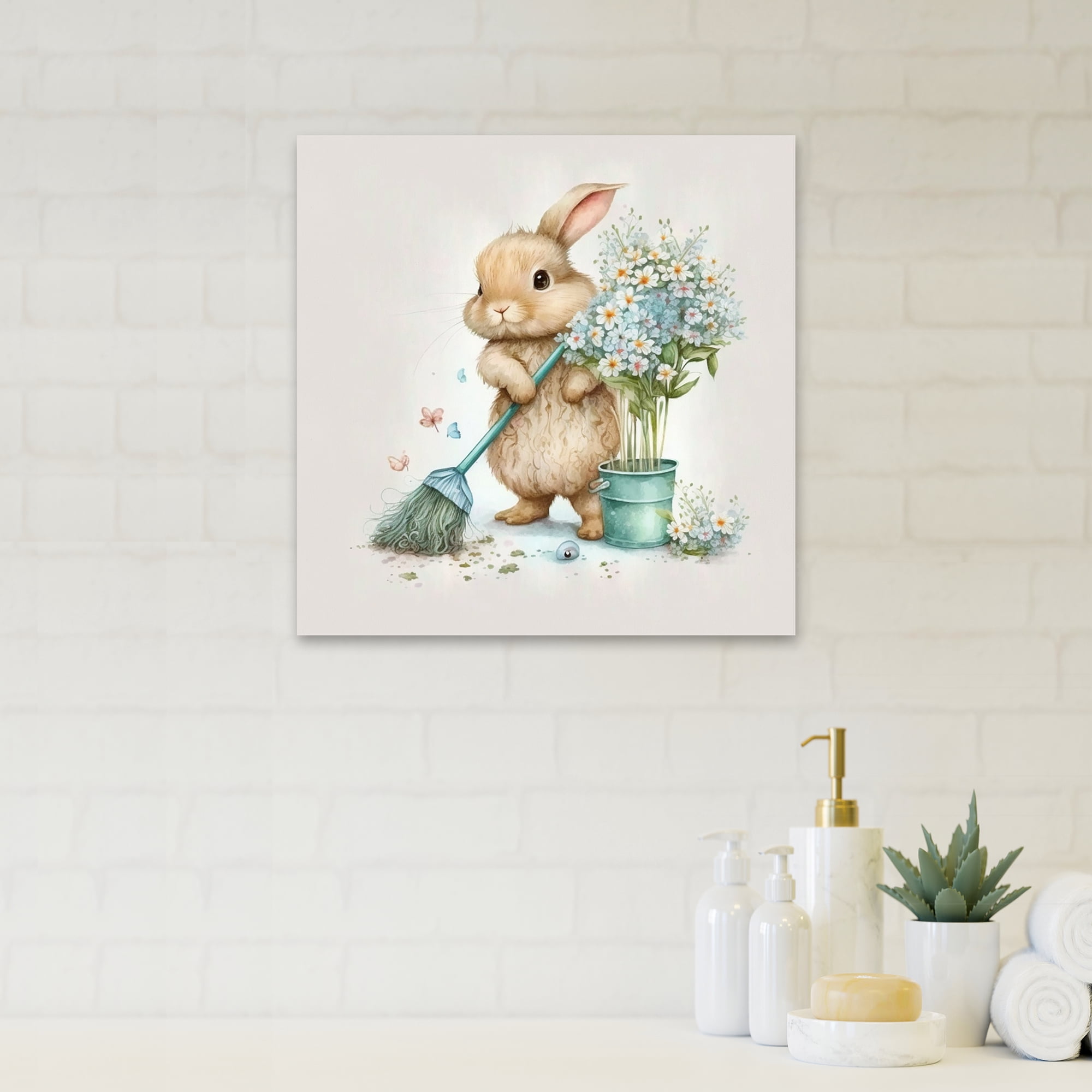 Designart Bunny Cleaning Bathroom I Canvas Wall Art