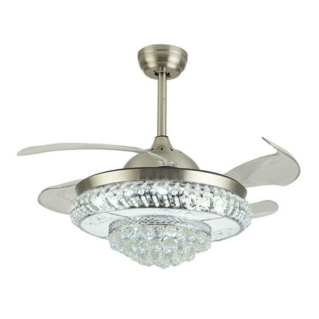 

Oukaning 42 LED Invisible Ceiling Fan with Light Crystal Chandelier 4 Retractable Blades Remote
