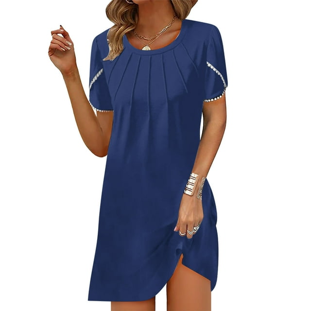 Gspmoly Robes pour Femmes, Nouvelle Robe d'Été Décontractée pour Femmes à Col Rond, Couleur Unie, Ample, Plissée à la Poitrine, à Manches Courtes, Robes de Travail pour Femmes Offres du Jour