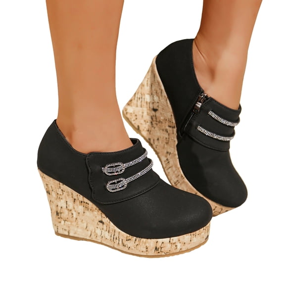Chaussures Décontractées à Plateforme Compensée pour Femmes, à Enfiler, Légères, Style Mary Jane, Confortables, Bottines Basses à la Cheville, Noires, Taille 8