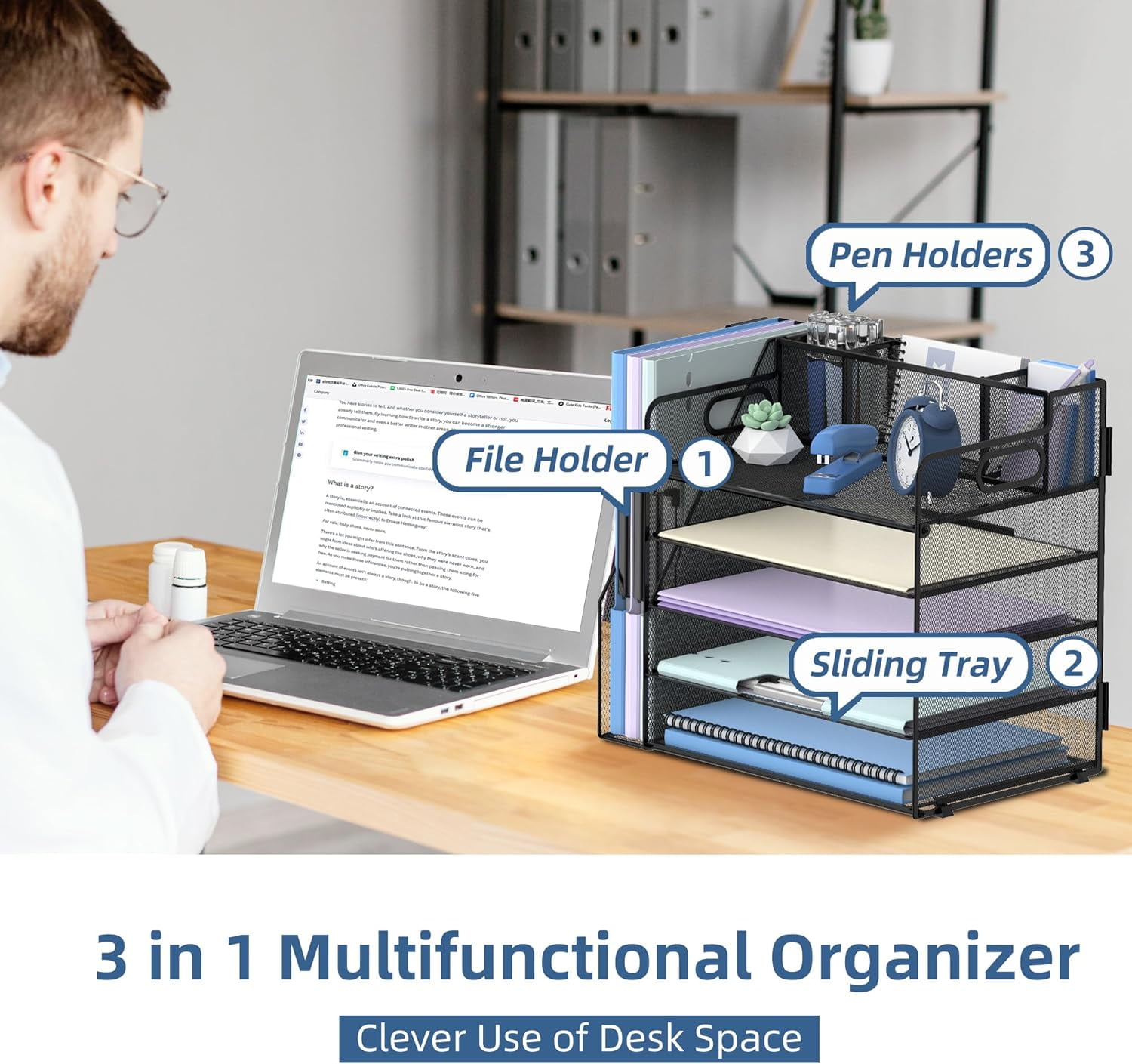 INTIGE 5-Tier Metal Desk File Organizer with Handle, Pen Holders and File Rack, Office supplies, Black, 1 Piece