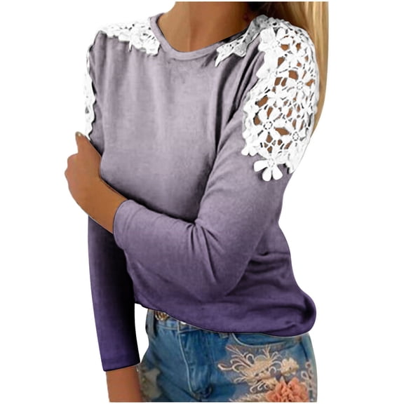 Plus Size Tops for Women Long Sleeve Lace Cutout Tee Shirts Crewneck Pullover Casual Slim Fitness Blouse Purple XXL