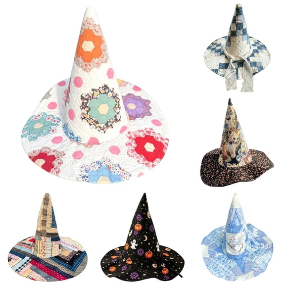 XIAOCHA Womens Patchwork Witch Hat Quilted Wizard Hat Cosplay Headwear,White