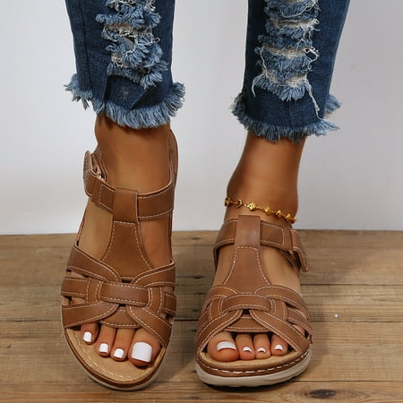 

Dpityserensio Women Sandals Clearance Muffin Faux Leather Round Toe Black Platform Straw Mesh Wedge Casual Sandals Summer Brown 8(40)