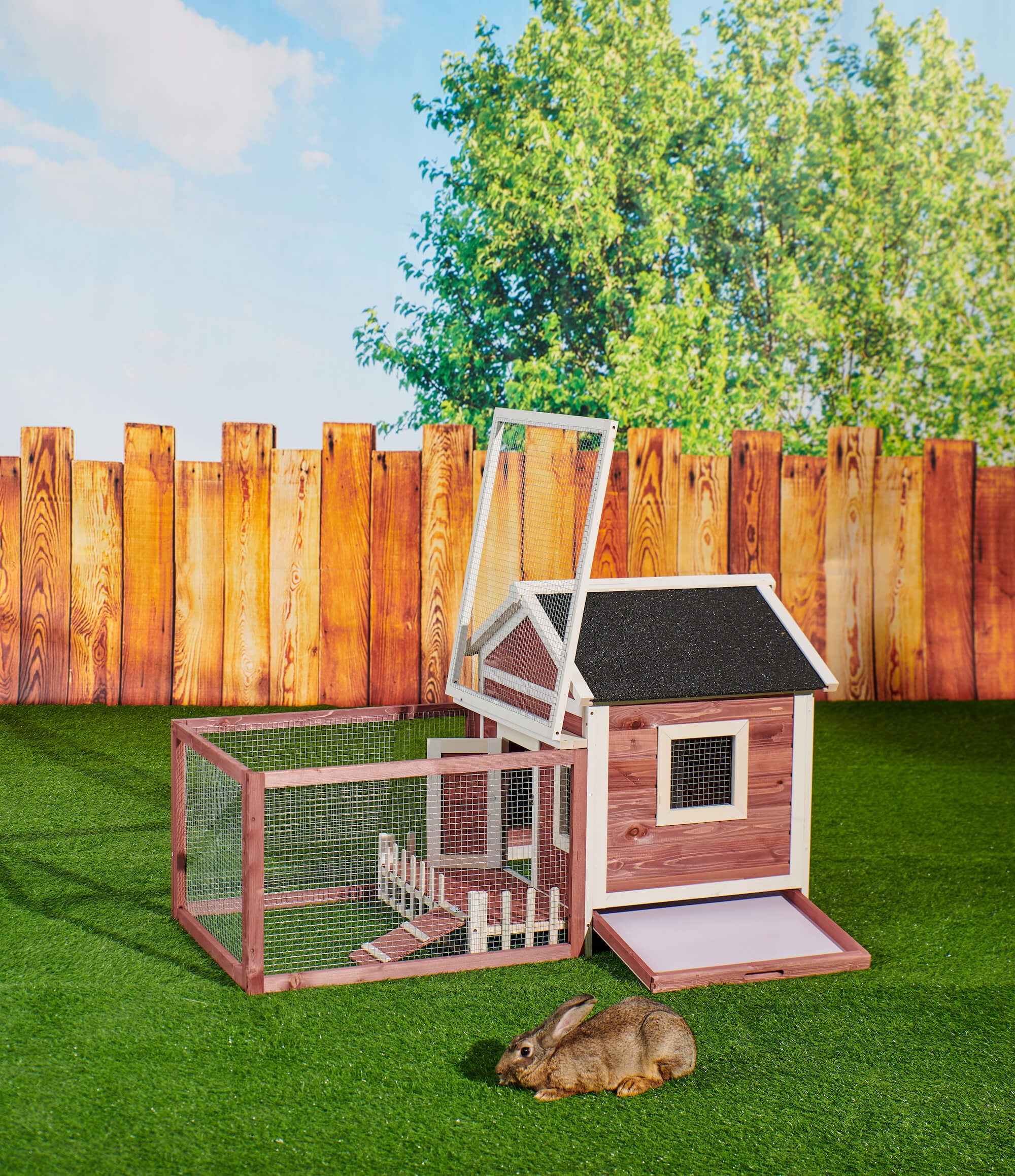 Private Jungle Indoor Outdoor Rabbit Hutch with White Picket Fence, Wooden Chicken Coop Bunny Cage with Ventilation Door & Removable Tray, 55.46" x 30.7" x 33.46", Auburn Private Jungle Indoor Outdoor Rabbit Hutch with White Picket Fence, Wooden Chicken Coop Bunny Cage with Ventilation Door & Removable Tray, 55.46" x 30.7" x 33.46", Auburn