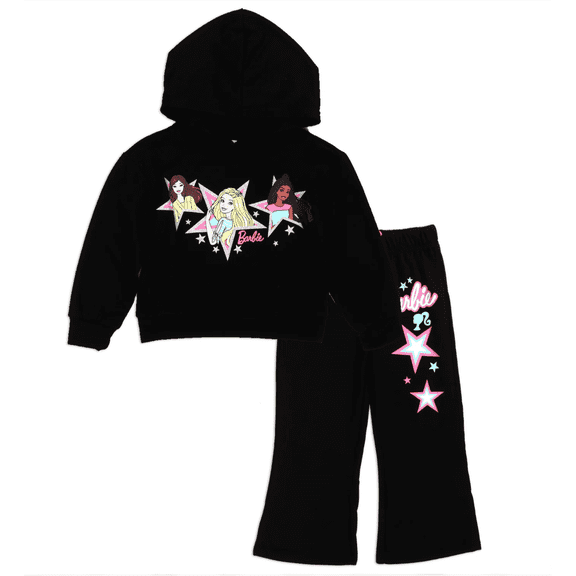 Barbie Girls 4-6X 2-Piece Fleece Hoodie Set, Black Hoodie Pants With Glitter (Size 6)