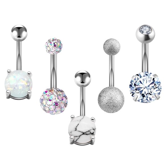 Designice 14G Belly Button Ring,Banana Barbell Navel Rings,Belly Button Piercing,5Pcs,Silver