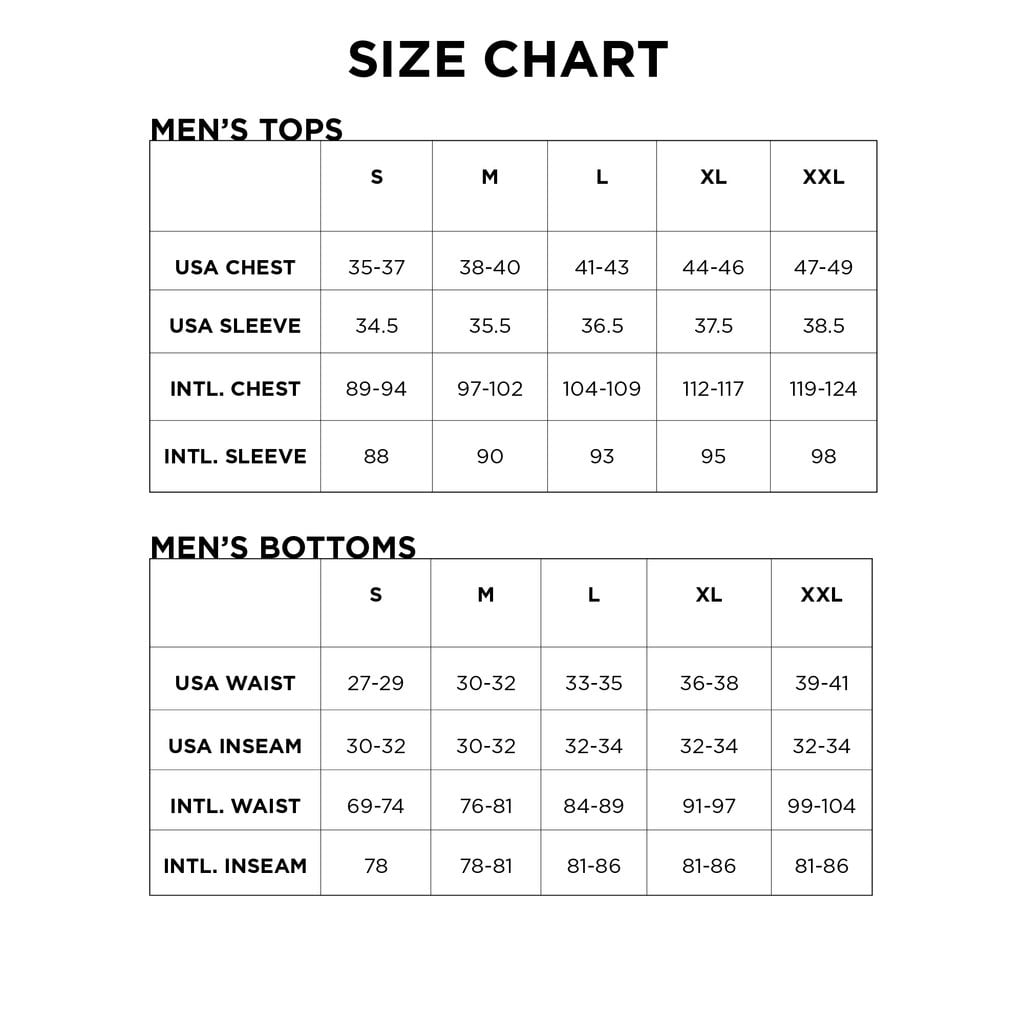 Mens Pajamas Size Chart