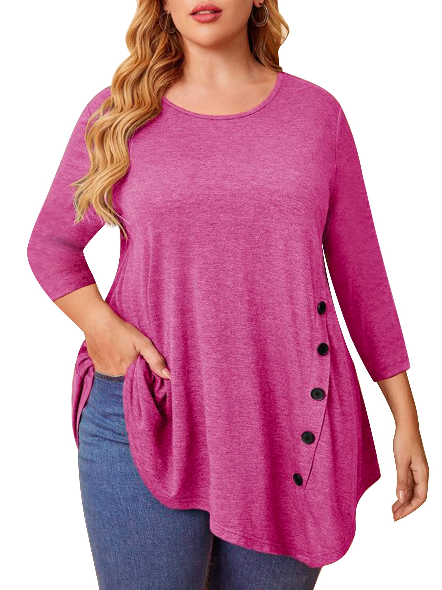 plus-size-3-4-sleeve-shirts-for-women-scoop-neck-button-blouses-scoop