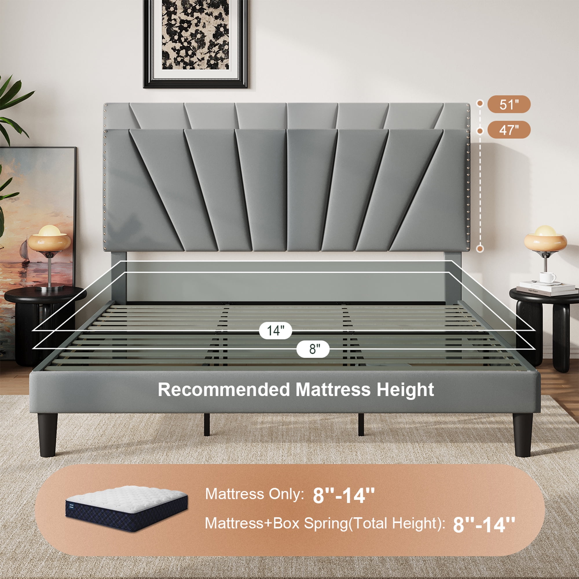 Amolife King Size Platform Bed Frame with Adjustable Velvet Upholstered Headboard, Gray
