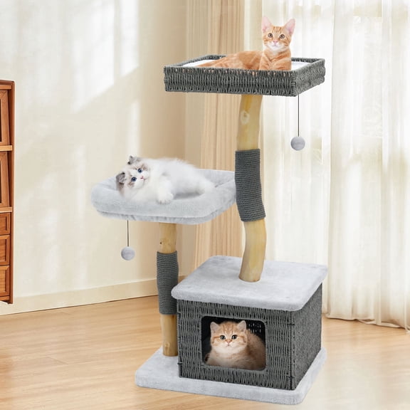Modern Cat Tree Tower, Wooden Multi-Level Cat Furniture with Scratching Posts, Large Perches & Hanging Toy, Indoor Activity Center for Cats (Grey)