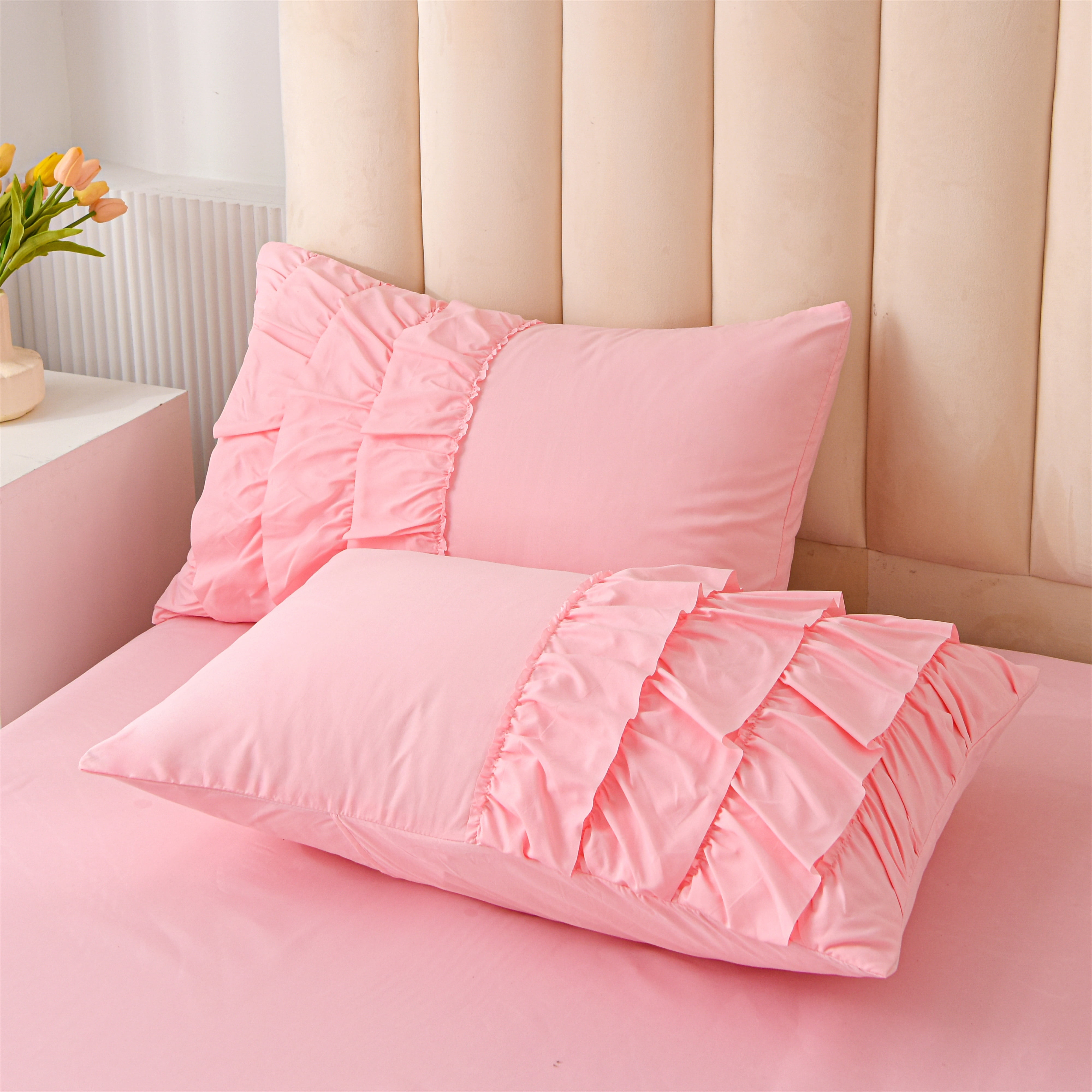 Btargot 6Pcs Waterfall Ruffled Princess Comforter Set Queen Soft Chic Bedding Set for Kids Girls Pink