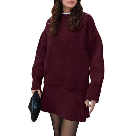 Women Sweater Skirt Sets 2 Pieces Outfits Loose Fit Pullover Knitted Mini Deep Red M