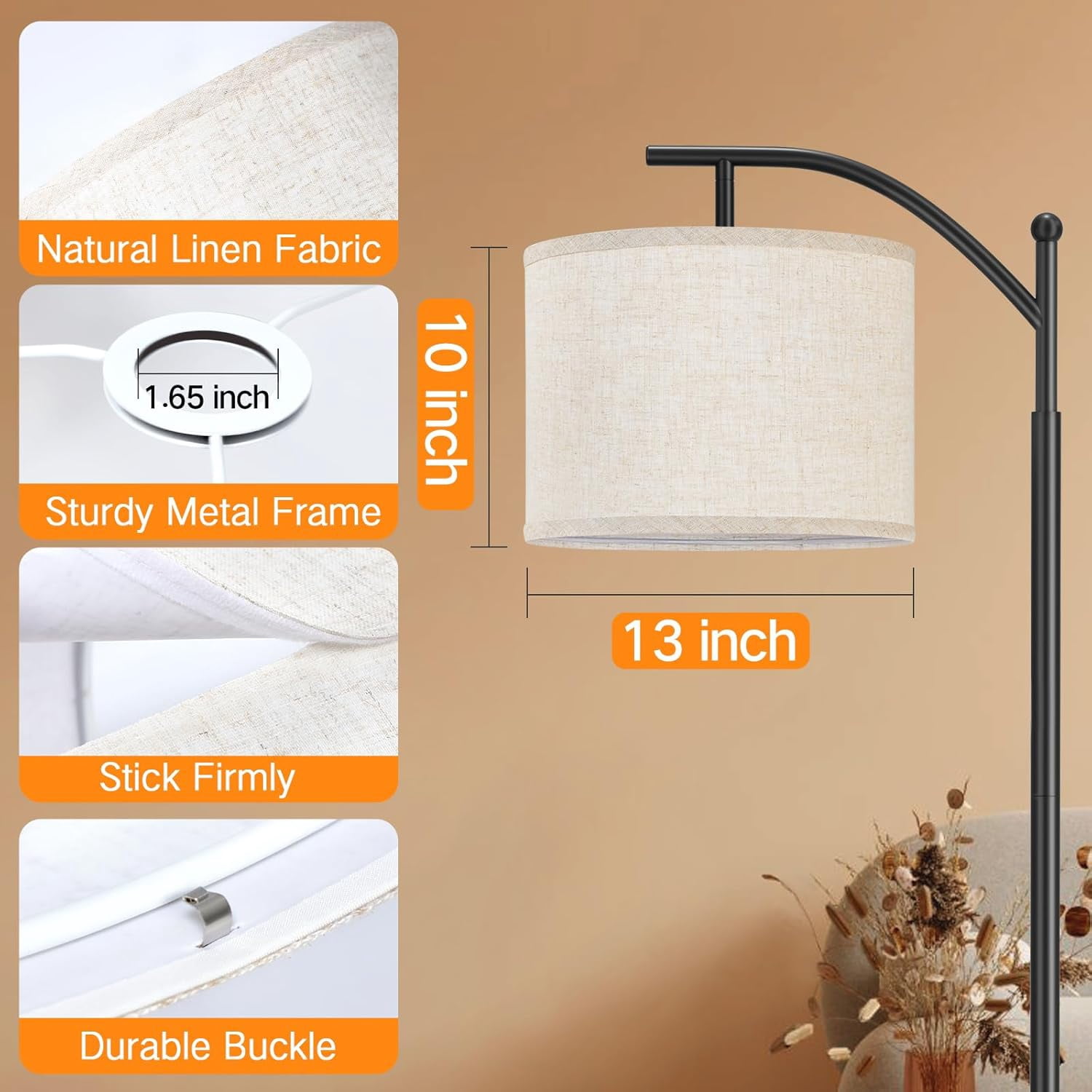 Beige Drum Lamp Shades for Floor Lamps, 13" Top x 13" Bottom x 10" High, Easy to Assemble, Replacement Linen Lampshades for Table Lamps & Bedside Lamps (1.65" Spider)