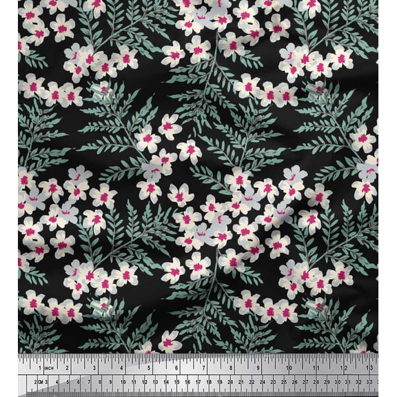 Soimoi Cotton Duck Fabric Leaves & White Flower Floral Printed Craft Fabric by the Yard 42 Inch Wide