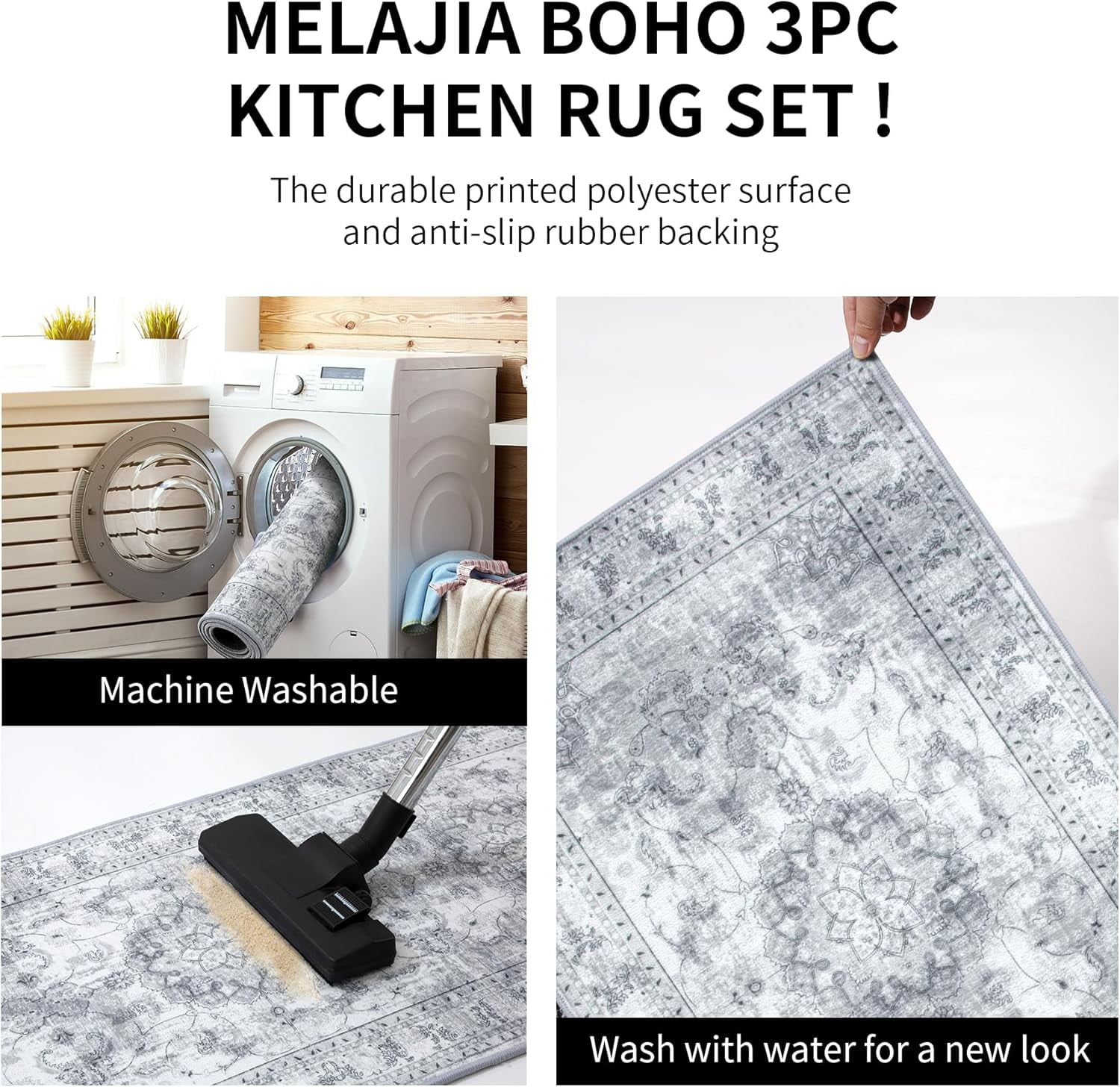 Kitchen Rugs Sets of 3 Grey Kitchen Mats 3 Piece SetKitchen Runner Rugs Non Skid Washable Boho Kitchen Rug Set Carpets for Laundry Room Front Door