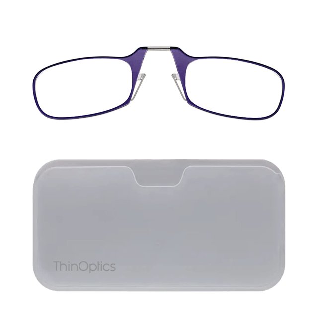 Funda con forma de cápsula ThinOptics para anteojos correctivos, marco morado
