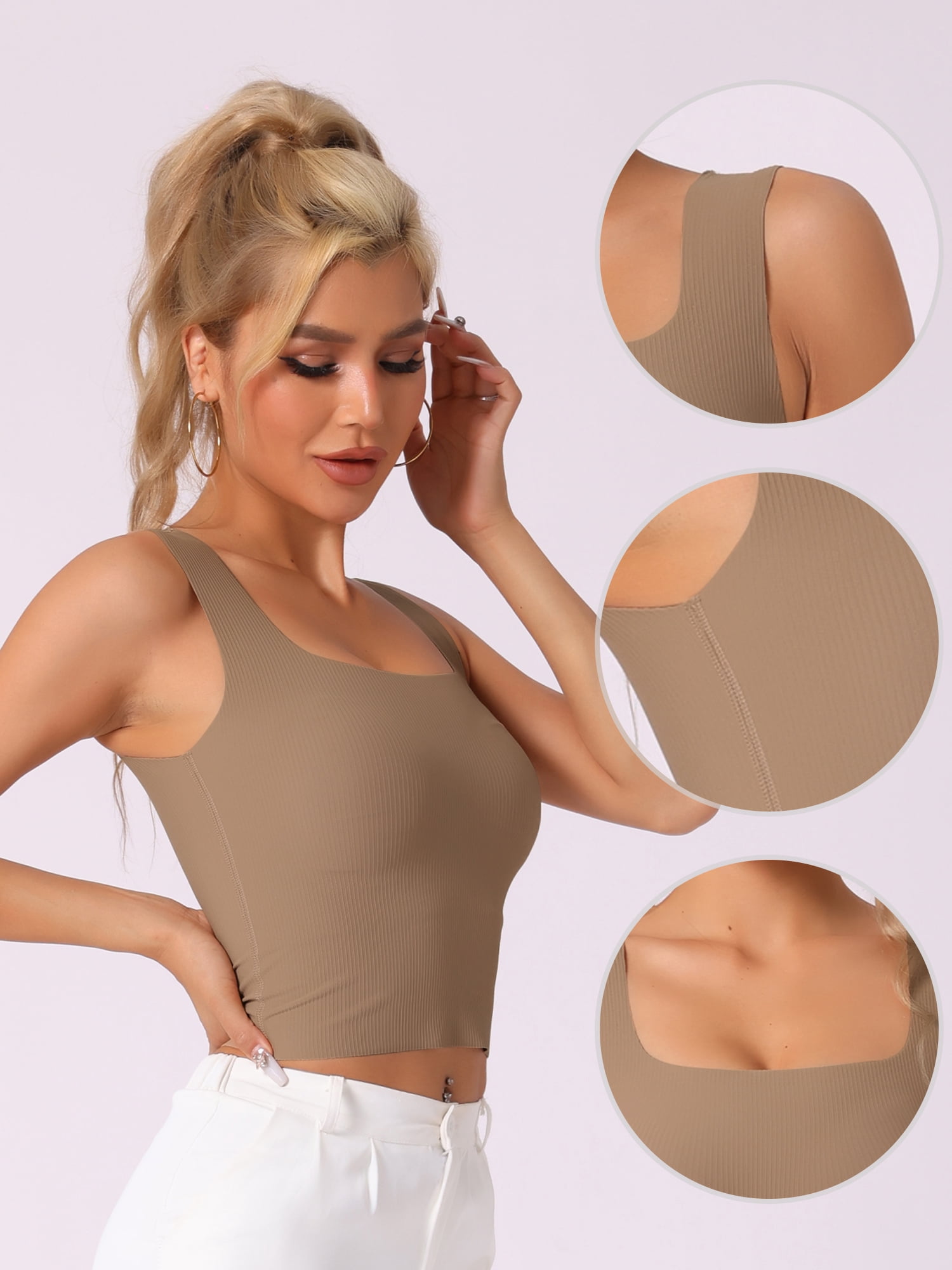 DARING DIVA Women's Square Neck Ribbed Slim Fit Tank Top Built-In Bra S Light Brown
