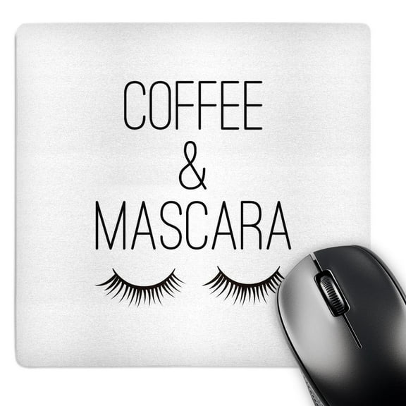 3dRose, Coffee and mascara in black letters on white with closed eyelashes., MousePad