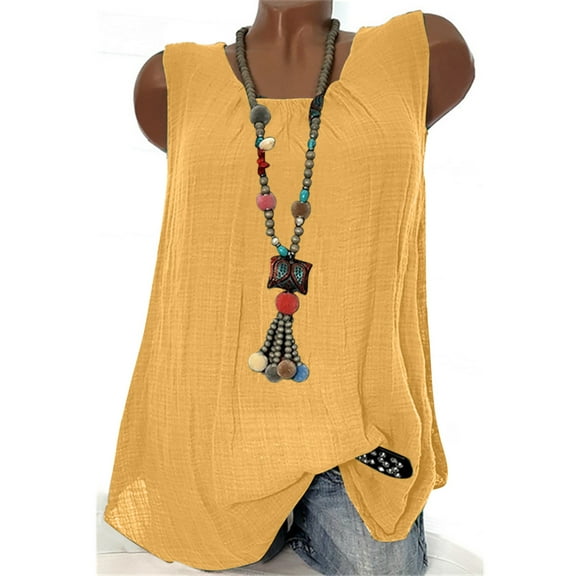 VERUGU Women Tank Tops Summer Sleeveless Solid Basic Top Shirt Loose Pleated Round Neck Blouses Yellow L