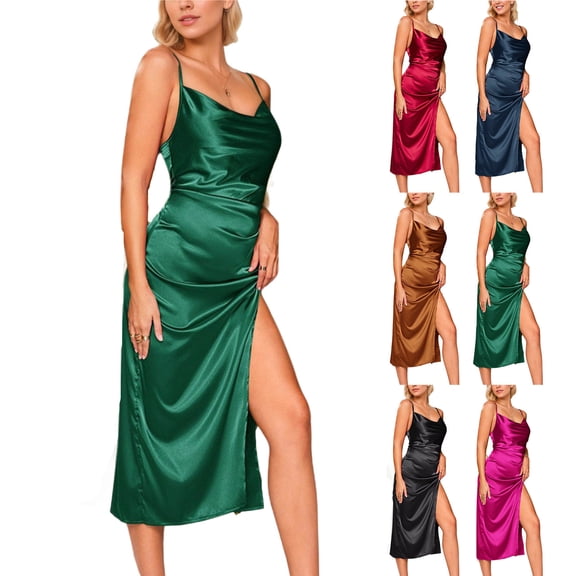 TAGOLD Womens Camis Sleeveless Dress Solid Color Satin Thin Strap Draped Neck Slit Slim Midi Summer Party Dress
