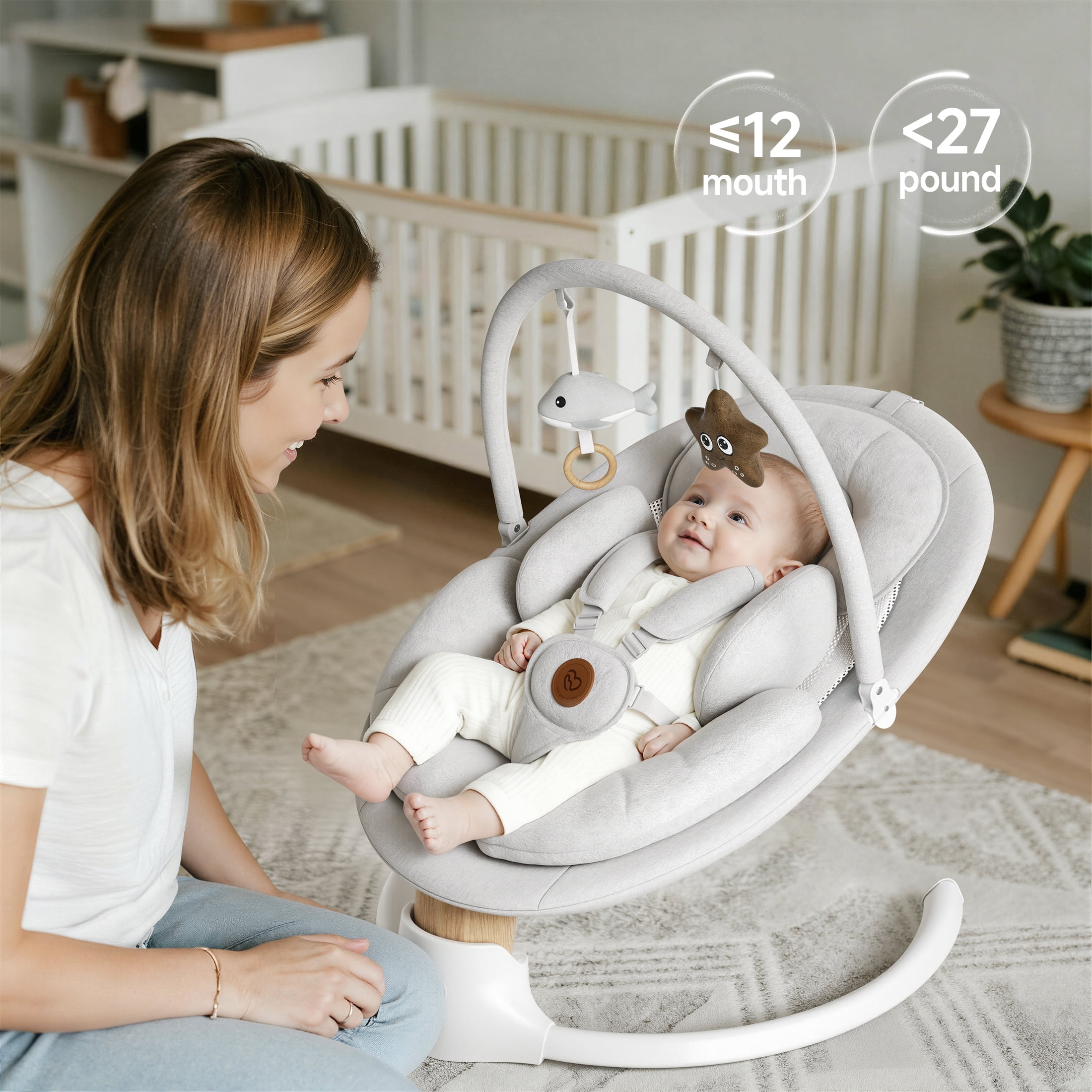 Babyomi Portable Baby Swings for Infants to Toddler, Electric Swing with Music Speaker, 3 Seat Positions , 5 Speeds, and Remote Control - Infant Swing for Indoor and Outdoor, Grey