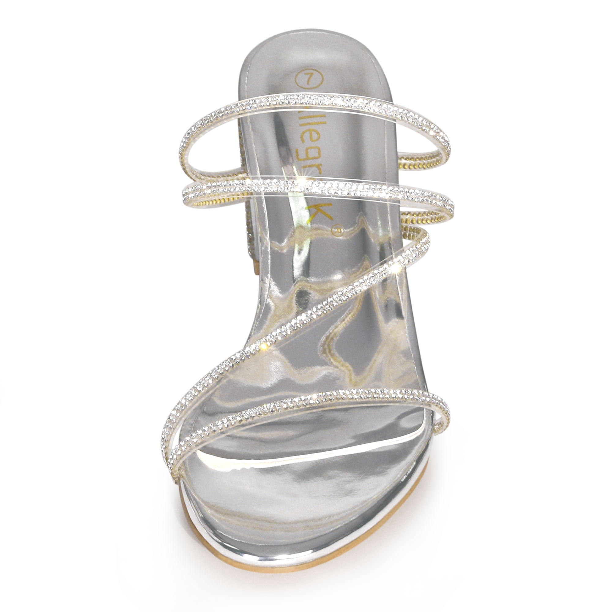 DARING DIVA Women's Rhinestone Block Heel Slide Sandals Silver 7