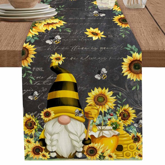 nqOlkjepod Yellow Sunflower Table Runner 70 Inches Long Farmhouse Dress Scarves, Farmhouse Vintage Bees Gnomes Dining Tablerunner for Coffee Table/Kitchen Island/Party Décor, 13" x 70"