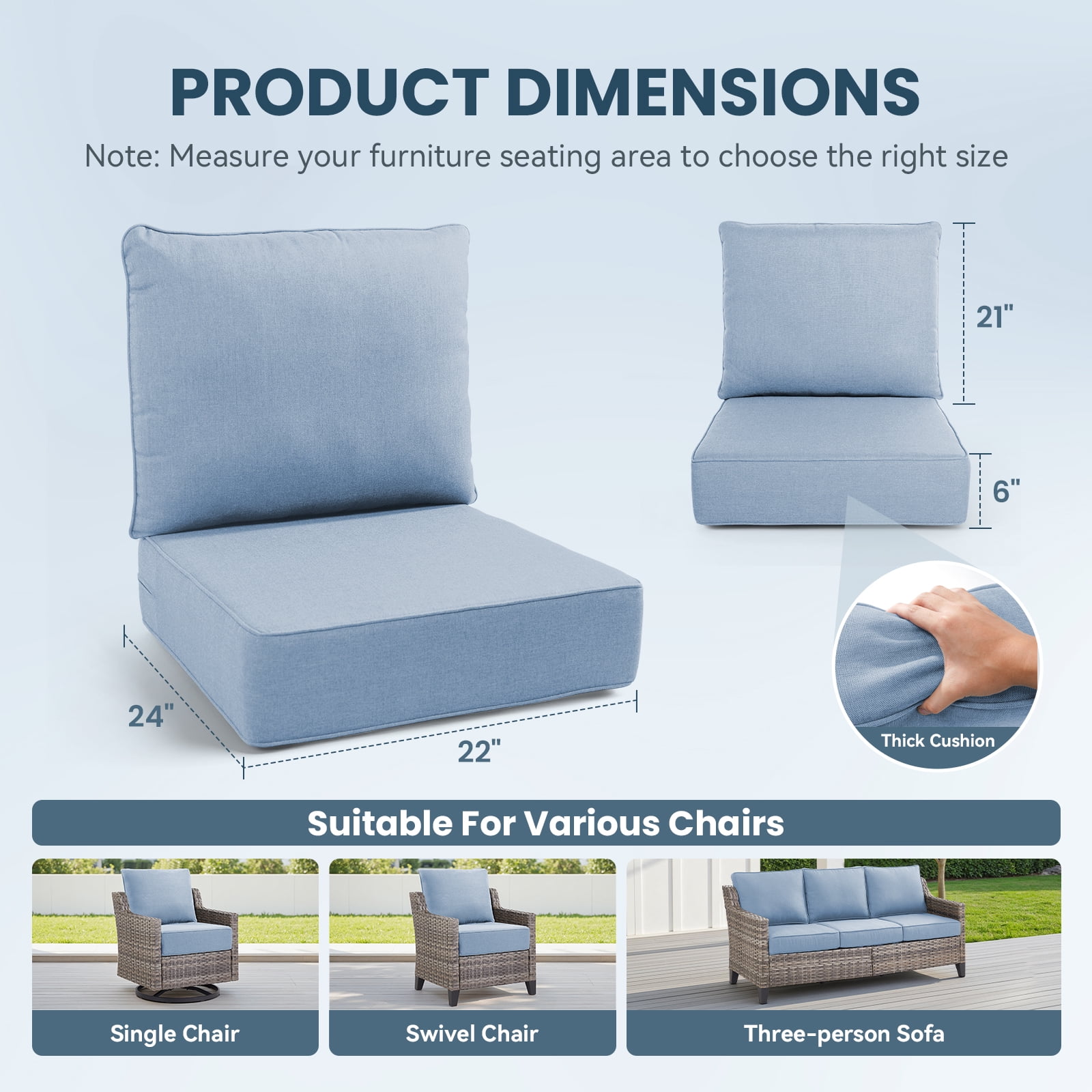 Outdoor Wicker Furniture Cushion Set, 24 x 22 x 6 Thicken Deep Seat Patio Chair Cushions, Baby Blue, 6 Sets