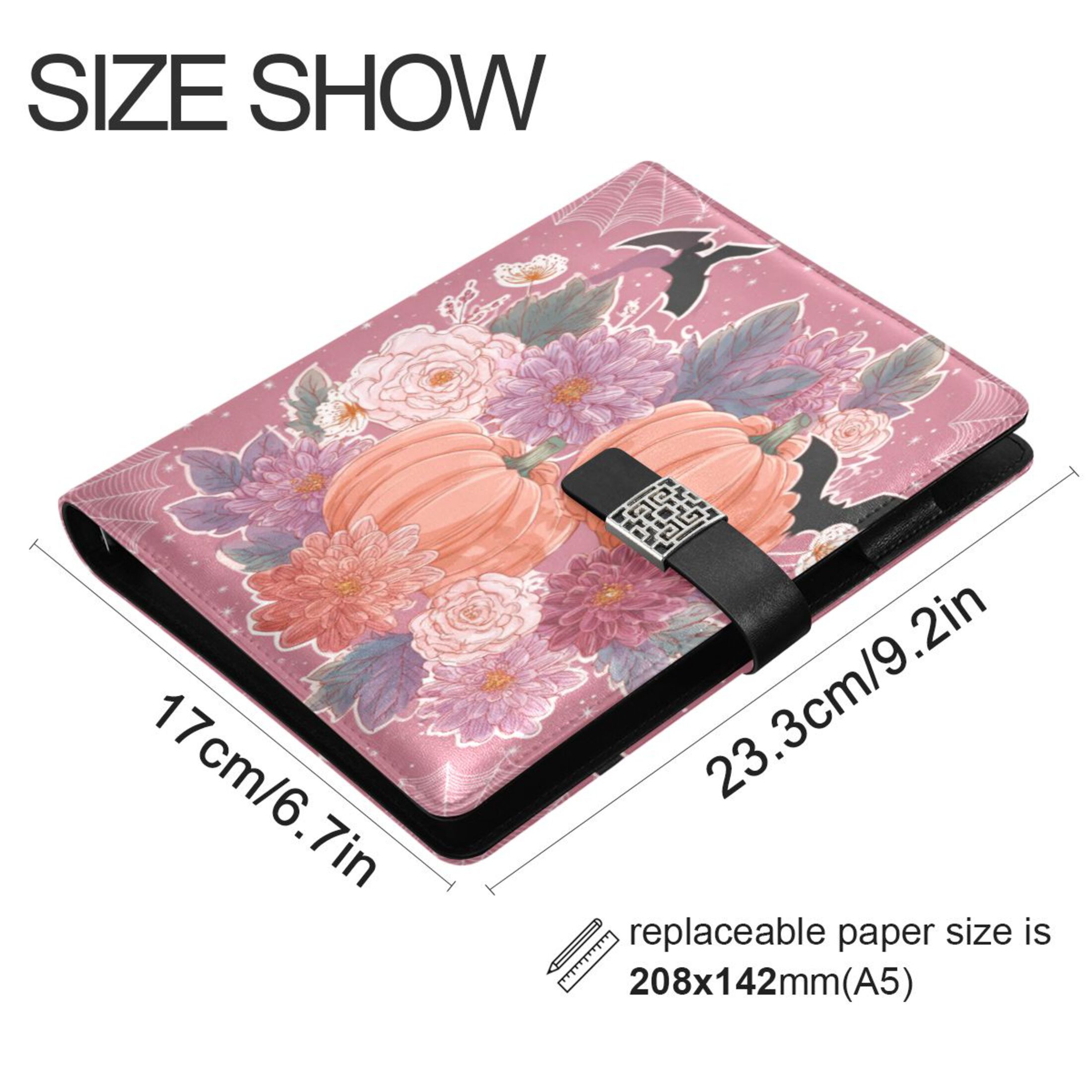 9.2x6.7 inch Leather Notebook 100 Sheets, Multi-Pocket Design & Pen Loop Vintage Flowers and Pumpkins Refillable Journal Organizer