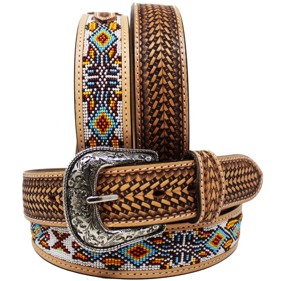 41-42  Unisex 1.5" Western Floral Tooled Beaded Full-Grain Leather Belt 26RT35B