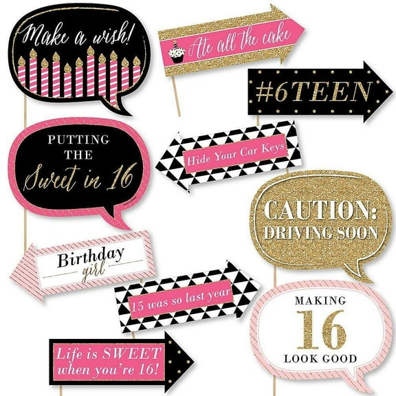 Big Dot of Happiness Funny Chic Sweet Sixteen Birthday - Pink, Black and Gold - 16th Birthday Party Photo Booth Props Kit - 10 Piece