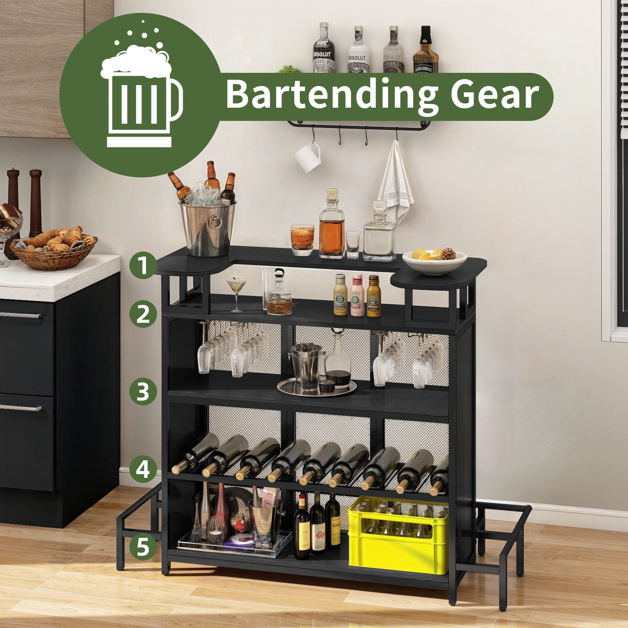 Uforic 5-Tier Home Bar Table with Wine Rack & LED Lights, Mini Bar Cabinet with Glass Holder, Black