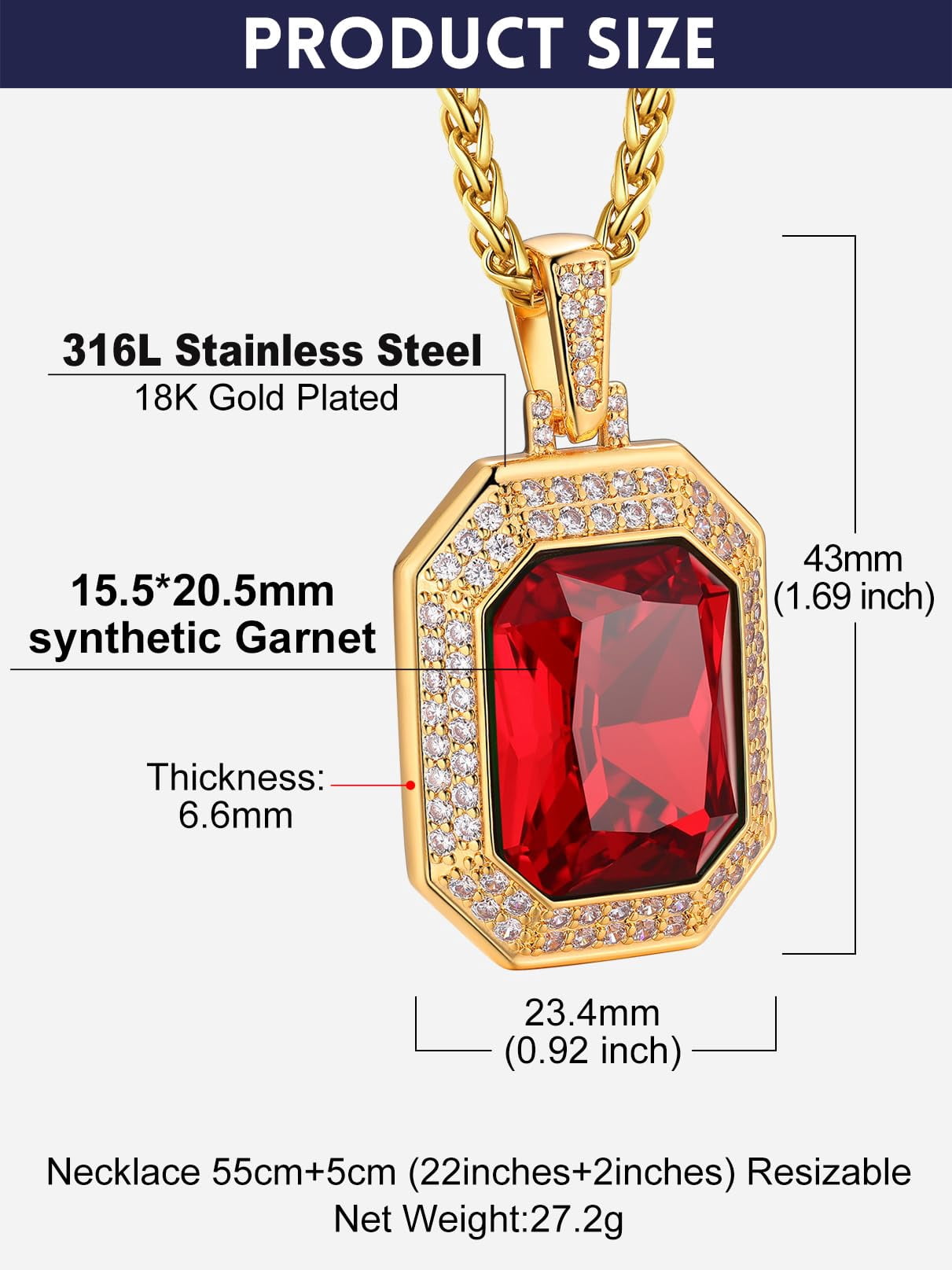 Bandmax Hip Hop Biker 14K Gold Plated Necklace for Men Women Ruby Stone Pendant with Shining Cubic Zirconia Charm for Gift