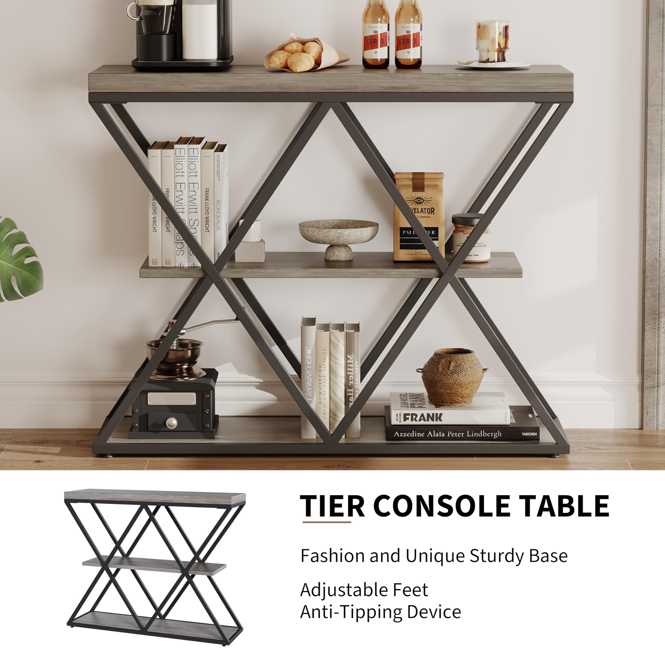 3-Tier Industrial Entryway Console Table - X-Shaped Metal Frame & Open Storage Shelves, Ideal Hallway Accent Table