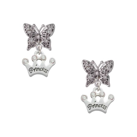 Delight Jewelry Silvertone Small Princess Crown with Clear Crystals Silvertone Antiqued Butterfly Post Earrings