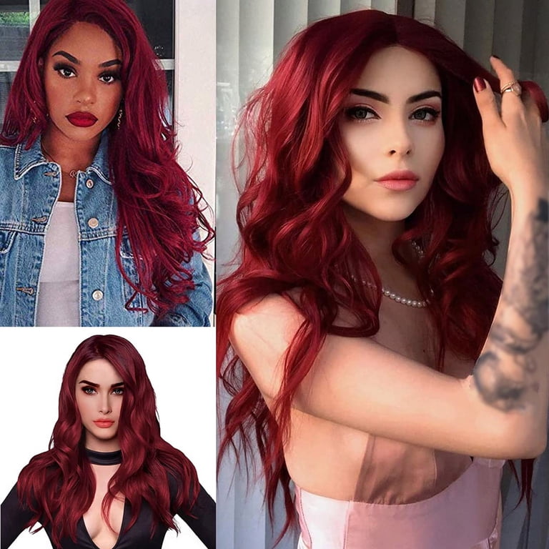 XIAQUJ Long Red Lace Front Wig for Women Middle Parts Long 