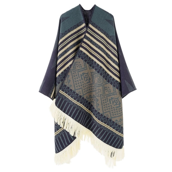 SWSMCLT Women's Soft Poncho Cape Open Front Top Fringe Knit Elegant Winter Warm Oversized Pull On Fall Old Fashioned Blue One Size