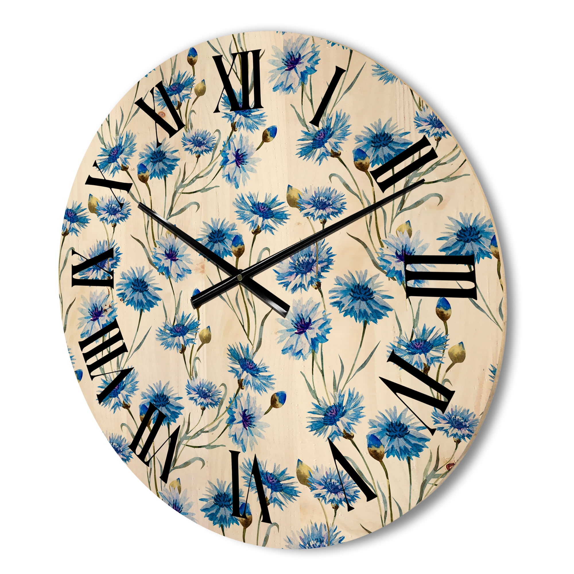Designart 'Blue Cornflowers With Green Leaves On White II' Traditional Wood Wall Clock