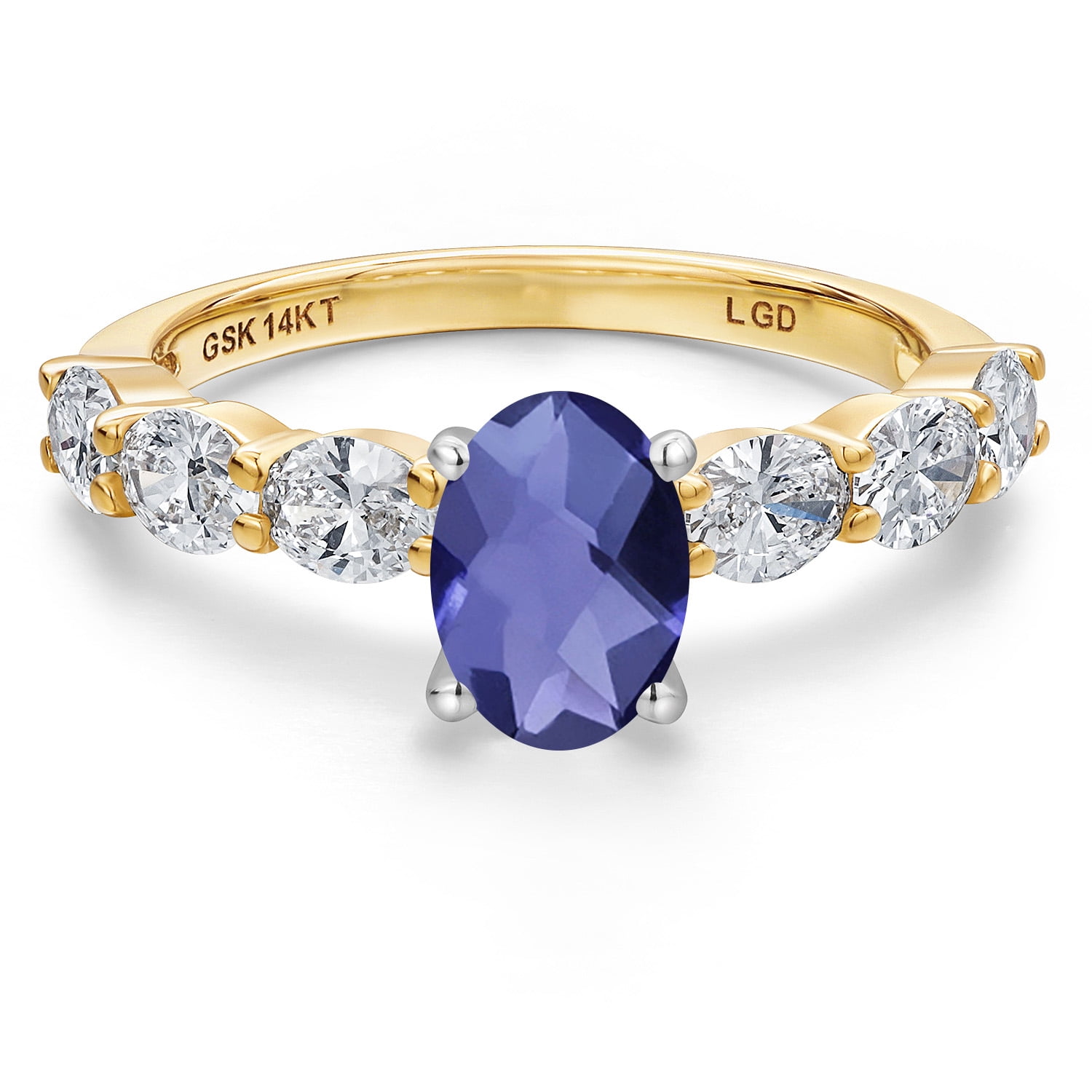 Gem Stone King 14K Two Tone Gold Blue Iolite and Lab Grown Diamond Engagement Ring for Women | 1.55 Cttw | Oval Checkerboard 7X5MM | Gemstone Birthstone | Size 6