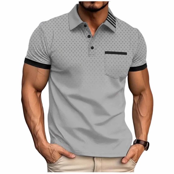 FAWUUDO Men's Print Shirts Half Button Lapel Collar Casual Silm Fit Short Sleeve with Pocket Gray