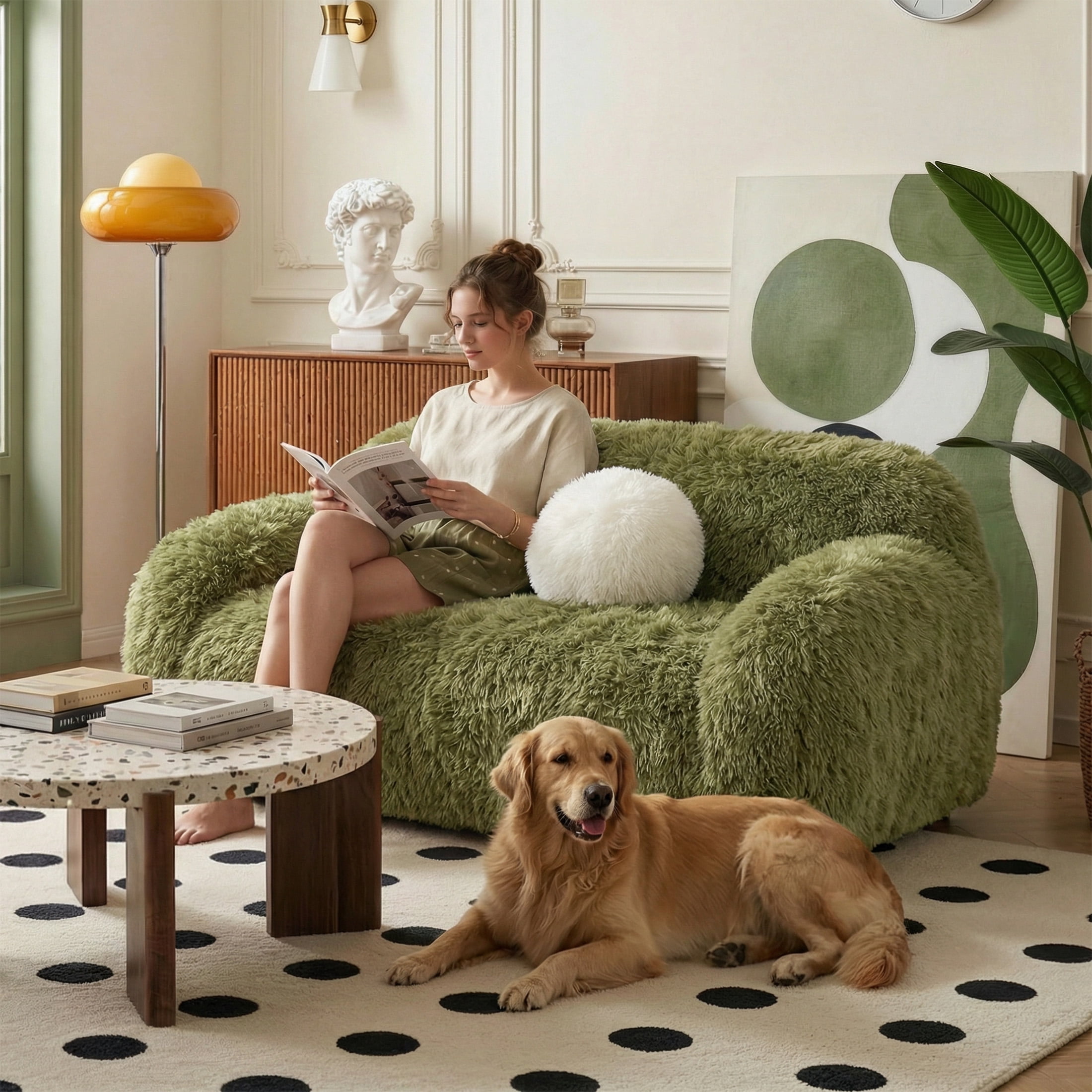 Aukfa Contemporary Plush Faux Fur Sofa, Could-Comfort Loveseat, 25" Deep Seat, Pet Friendly, Green