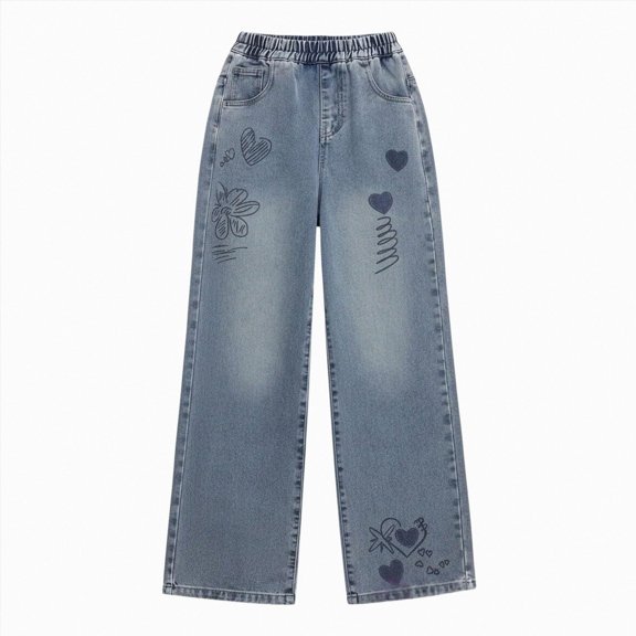 CAUYDY Autumn School Girls Jeans Children's Loose Cute Heart Print Cowboy Wide Leg Pants with Pockets Sizes 13-14 Years