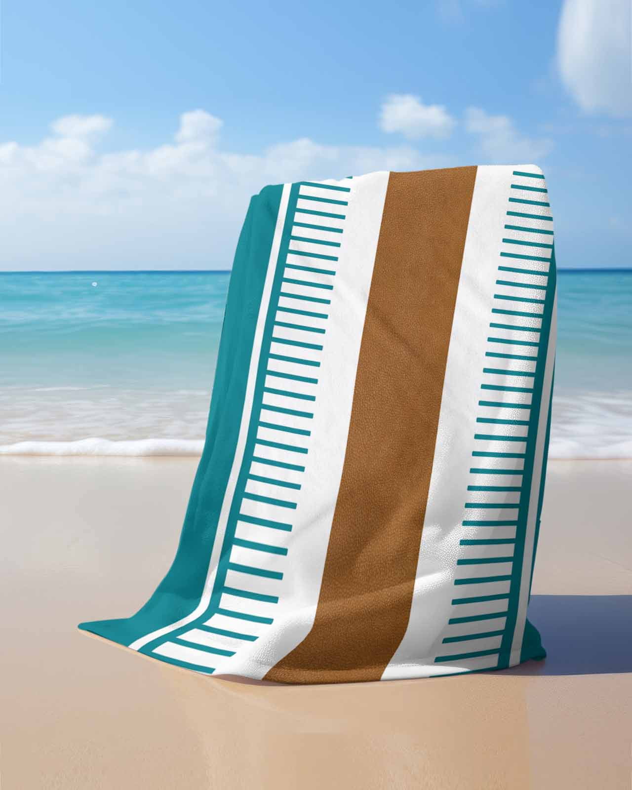 Modern Brown Teal Beach Towels Oversized Super Absorbent, Boho Contemporary Geometric Striped Lightweight Bath Towel Quick Dry Sets For Bathroom/Pool/Rv Camping/Beach Play/Gym Room/Picnic 23"x47"