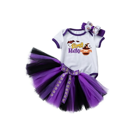 

ZIYIXIN Newborn Baby Girls 1St Halloween Outfit Short Sleeve Romper Tulle Tutu Skirt Headband Princess Clothes Purple 12-18 Months