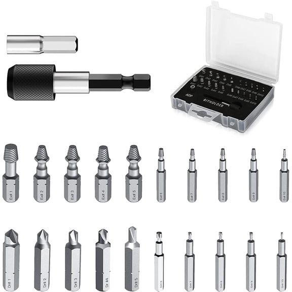 22-piece plastic box screw removal tool Set of S2 slotted screw removal tools Drill bit and chuck adapter