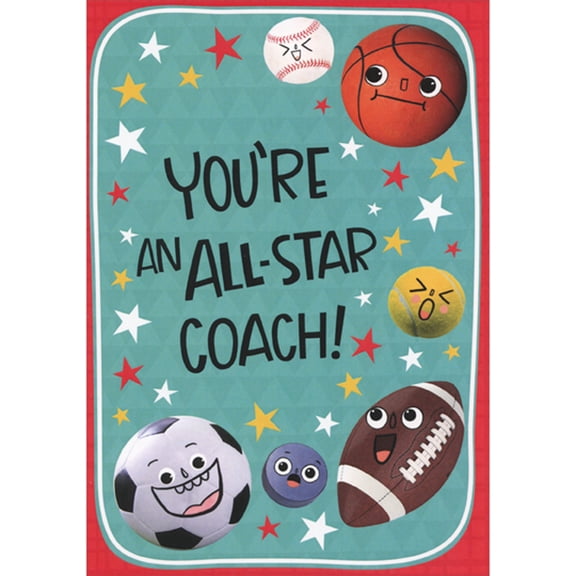 Designer Greetings You're an All-Star: Sports Balls and Small Stars on Blue and Red Father's Day Card for Coach