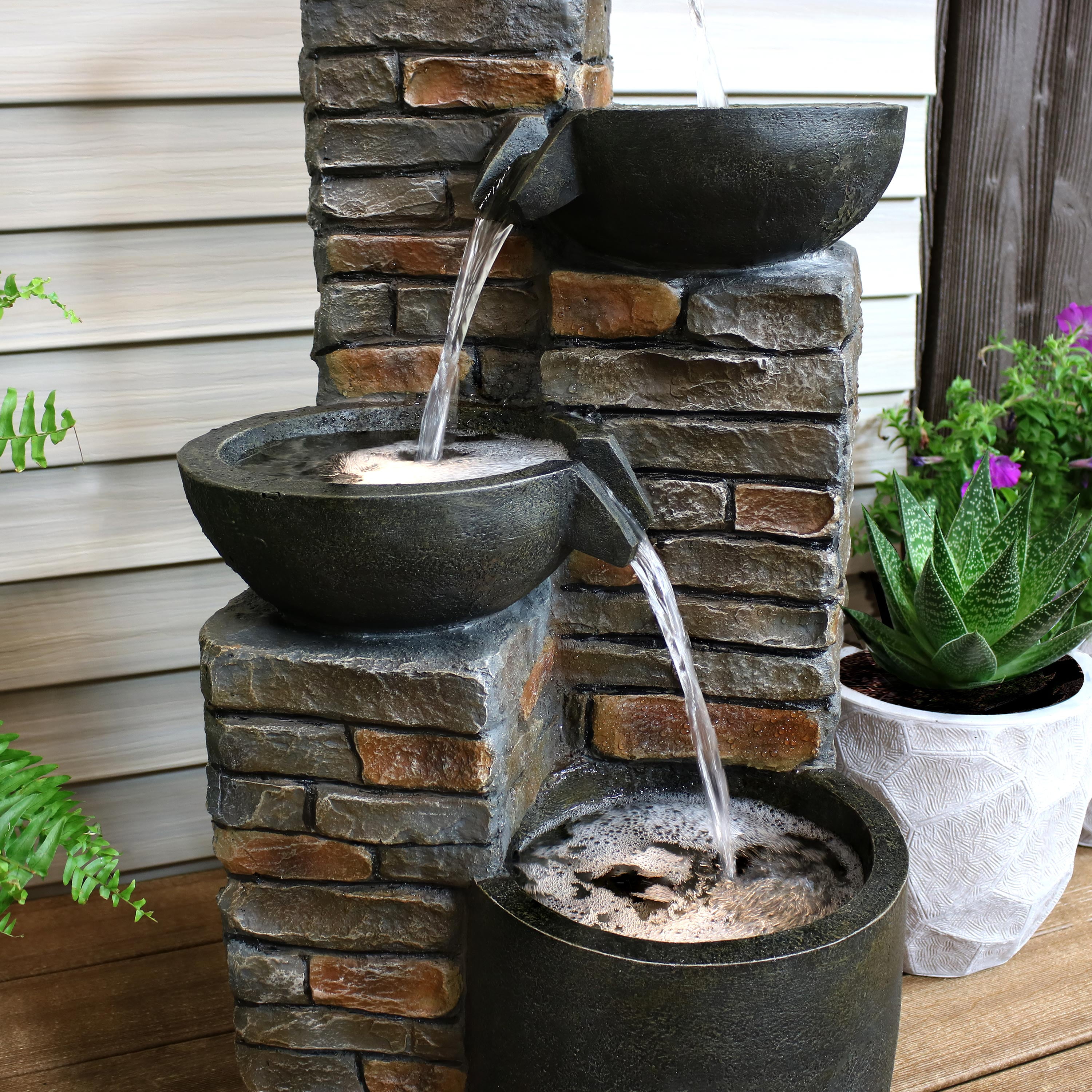 Sunnydaze Staggered Pottery Bowls Outdoor Water Fountain with LED