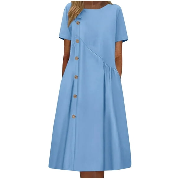 QUYUON Womens Plus Size Summer Dresses Fashion Button Front Casual Short Sleeve Round Neck Pockets Dress Loose Casual Beach Sundress Cocktail Party Mid-Length Dress Style D-6215 Sky Blue 4XL