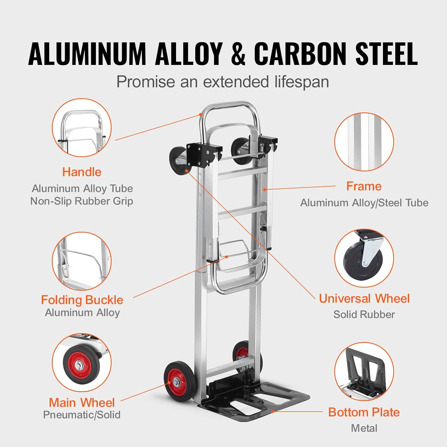 Aluminum Folding Hand Truck 2-in-1 Design 400 lbs Capacity Heavy Duty Collapsible Cart with Rubber Wheels for Warehouse Supermarket Garden